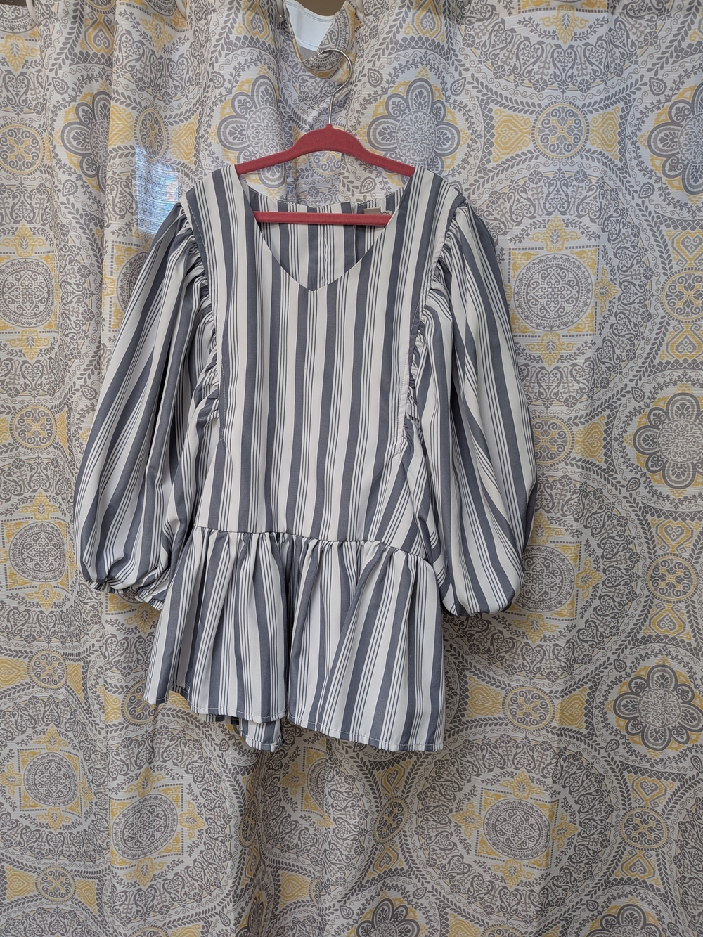 Striped Peplum Puff-Sleeve Top - Blue/White